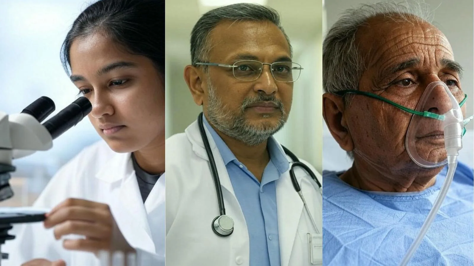 Researcher at a microscope, a physician with a stethoscope, and a patient receiving oxygen support